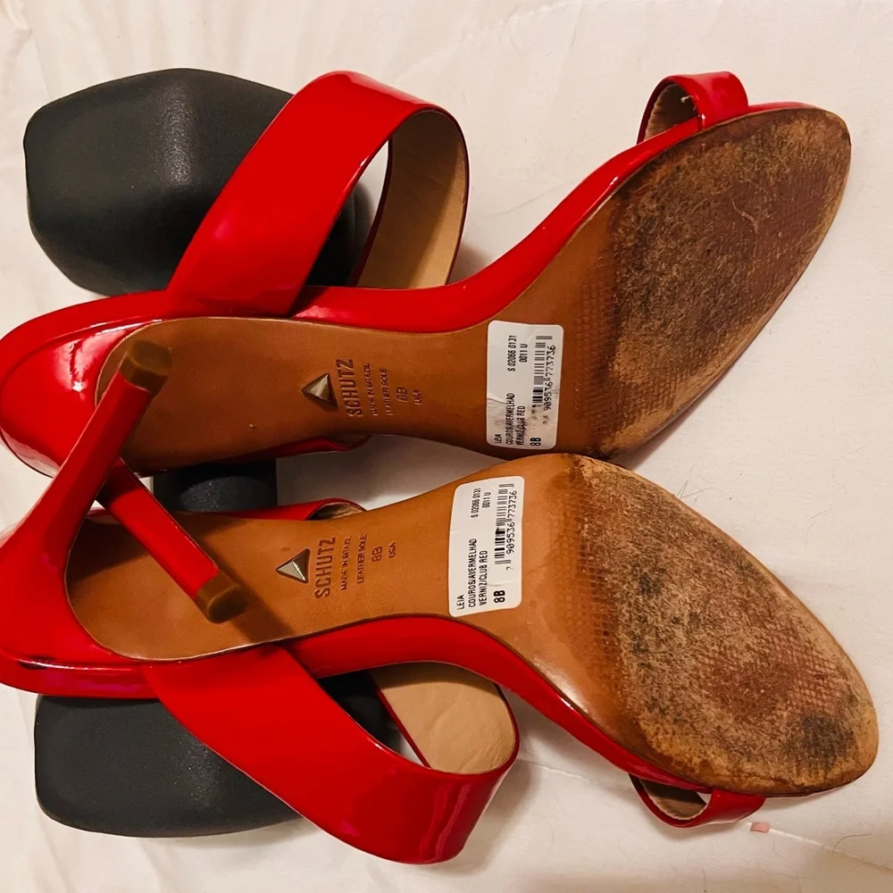 SCHUTZ Red Patent Leather Double Strap Stiletto Sandals